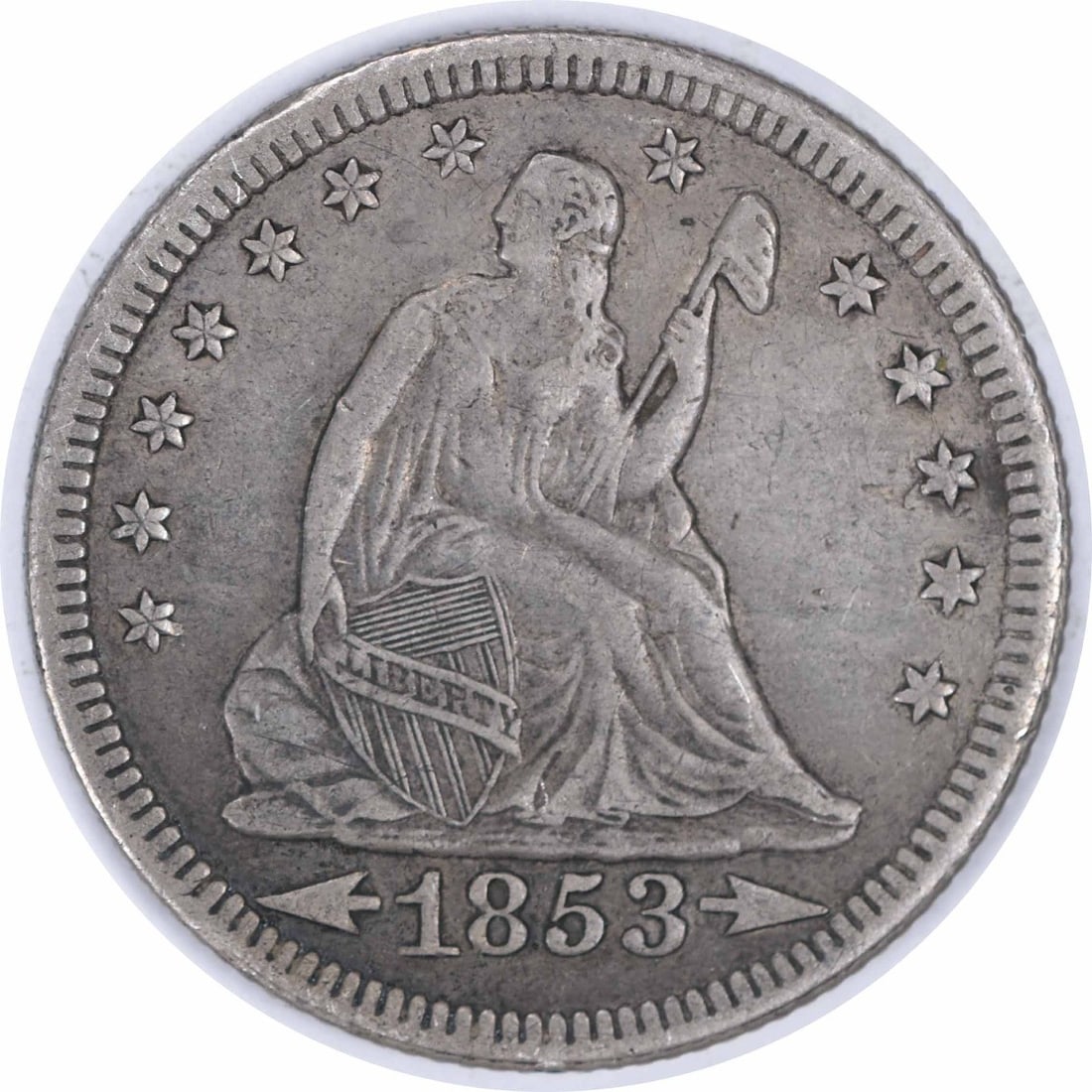 1853 O Seated Liberty 25C Silver Quarter Arrows Rays EF: 1853 O Seated Liberty 25C Silver Quarter Arrows Rays EF 1853-O Liberty Seated silver quarter with Arrows and Rays design. This circulated 25C United States coin is uncertified and graded EF. Pre-owned