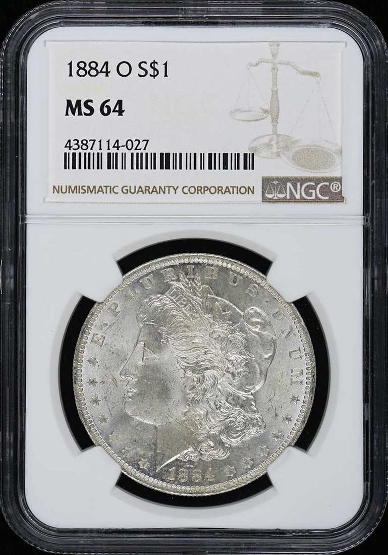 NGC MS64 1884-O New Orleans Morgan Silver Dollar: NGC MS64 1884-O New Orleans Morgan Silver Dollar This 1884-O Morgan Dollar is professionally graded MS64 by NGC, ensuring its high-quality condition. Minted in New Orleans, this uncirculated coin is a