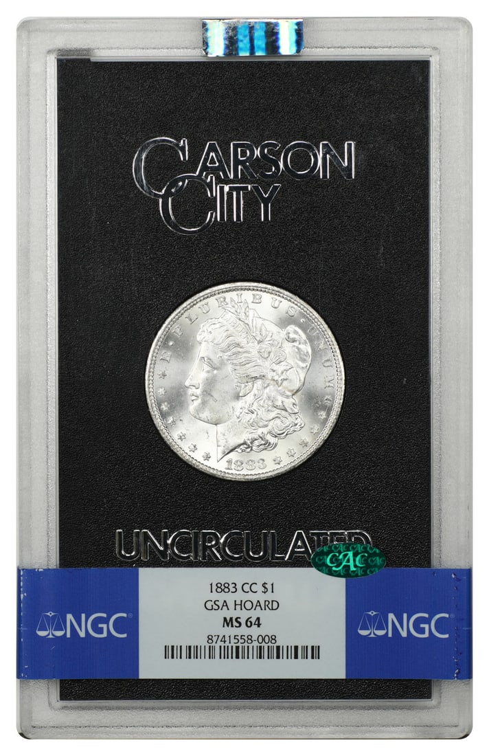 1883-CC Morgan Dollar $1 NGC MS64 CAC GSA Holder: 1883-CC Morgan Dollar $1 NGC MS64 CAC GSA Holder 1883-CC Morgan Dollar, uncirculated and graded MS64 by NGC with CAC approval. This Carson City issue is a GSA example housed in the original hard case.