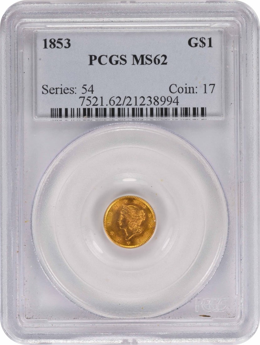 PCGS MS62 1853 United States Gold Dollar Type 1: PCGS MS62 1853 United States Gold Dollar Type 1 1853 United States $1 Gold Type 1 coin certified by PCGS and graded MS62. This pre-1933 gold coin is offered in uncirculated condition and is a pre-owne