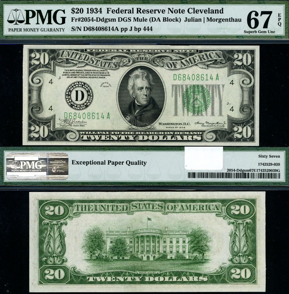 1934 $20 Federal Reserve Note Mule Cleveland D-A PMG CU67 EPQ: 1934 $20 Federal Reserve Note Mule Cleveland D-A PMG CU67 EPQ Presenting a remarkable example of the FR. 2054 D $20 1934 Federal Reserve Note Mule from Cleveland, featuring the D-A Block. This uncircu