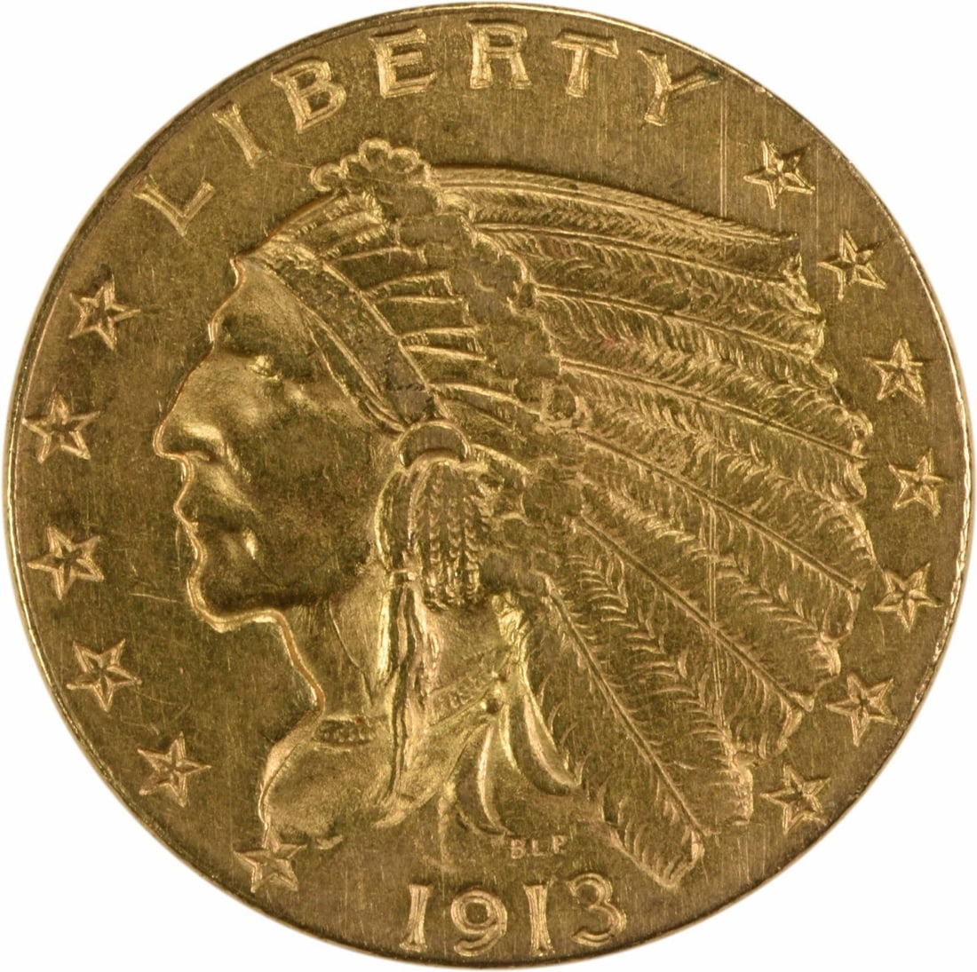1913 $2.50 Gold Indian Coin AU Uncertified by Bela Lyon Pratt: 1913 $2.50 Gold Indian Coin AU Uncertified by Bela Lyon Pratt This 1913 $2.50 Gold Indian coin features a stunning design by Bela Lyon Pratt, showcasing the iconic Indian head motif. It is graded as A