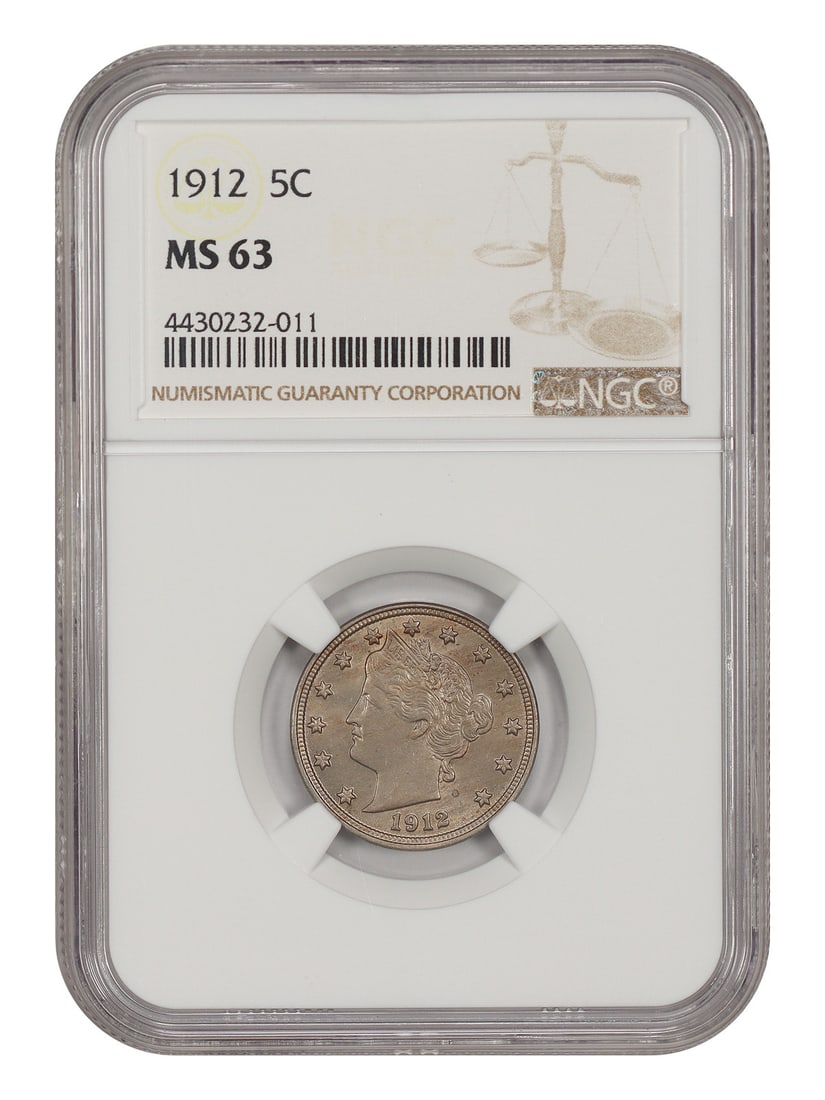 1912 Liberty Nickel 5C NGC MS63: 1912 Liberty Nickel 5C NGC MS63 A 1912 Liberty Nickel graded MS63 by NGC. This uncirculated 5C coin was minted in Philadelphia and is certified with number 4430232011. Pre-owned condition. Specificati