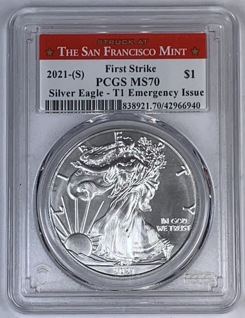 PCGS MS 70 Silver Eagle 2021 San Francisco Mint First Strike: PCGS MS 70 Silver Eagle 2021 San Francisco Mint First Strike This 2021-S American Silver Eagle is a $1 coin minted in San Francisco and certified by PCGS with a grade of MS 70. It is a First Strike co