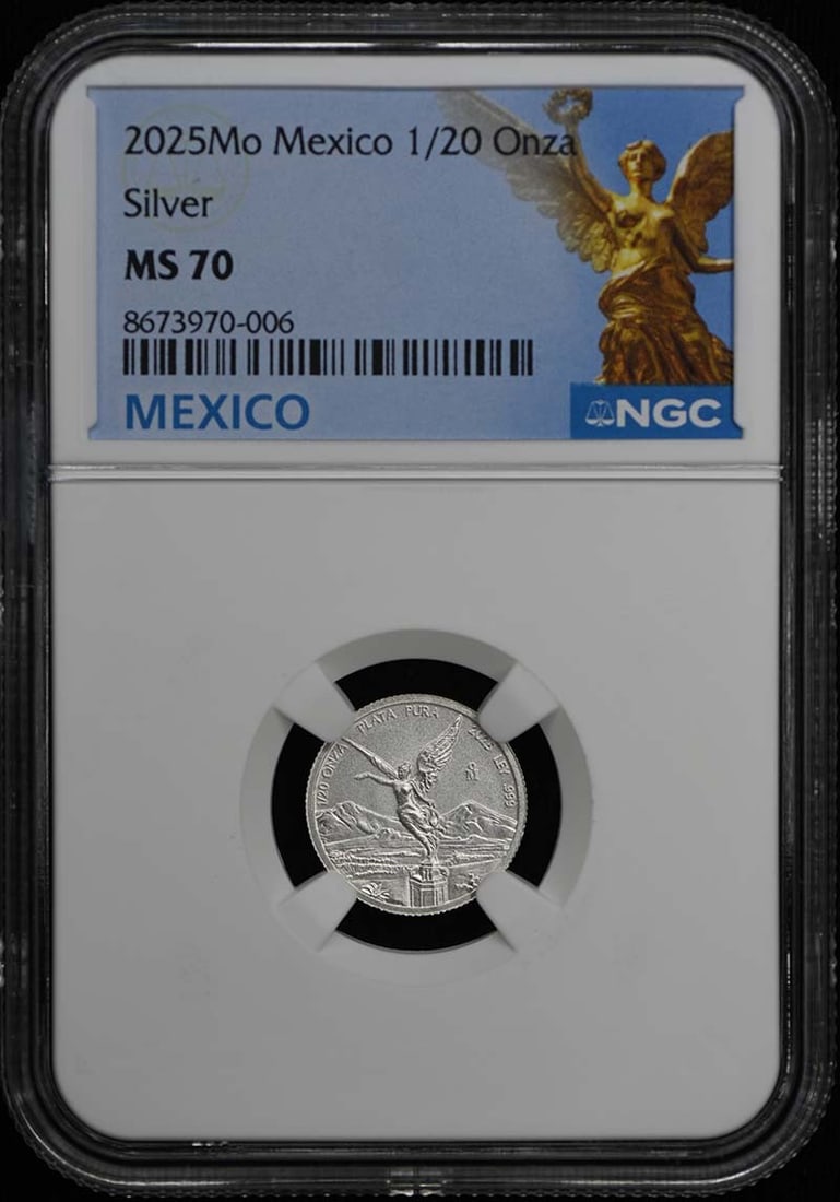 2025 Mexico Libertad Silver 1 20 oz NGC MS70: 2025 Mexico Libertad Silver 1 20 oz NGC MS70 This is a 2025 Mexico Libertad 1/20 oz silver coin graded MS70 by NGC. The coin is uncirculated and pre-owned, offering a pristine example with top-grade c
