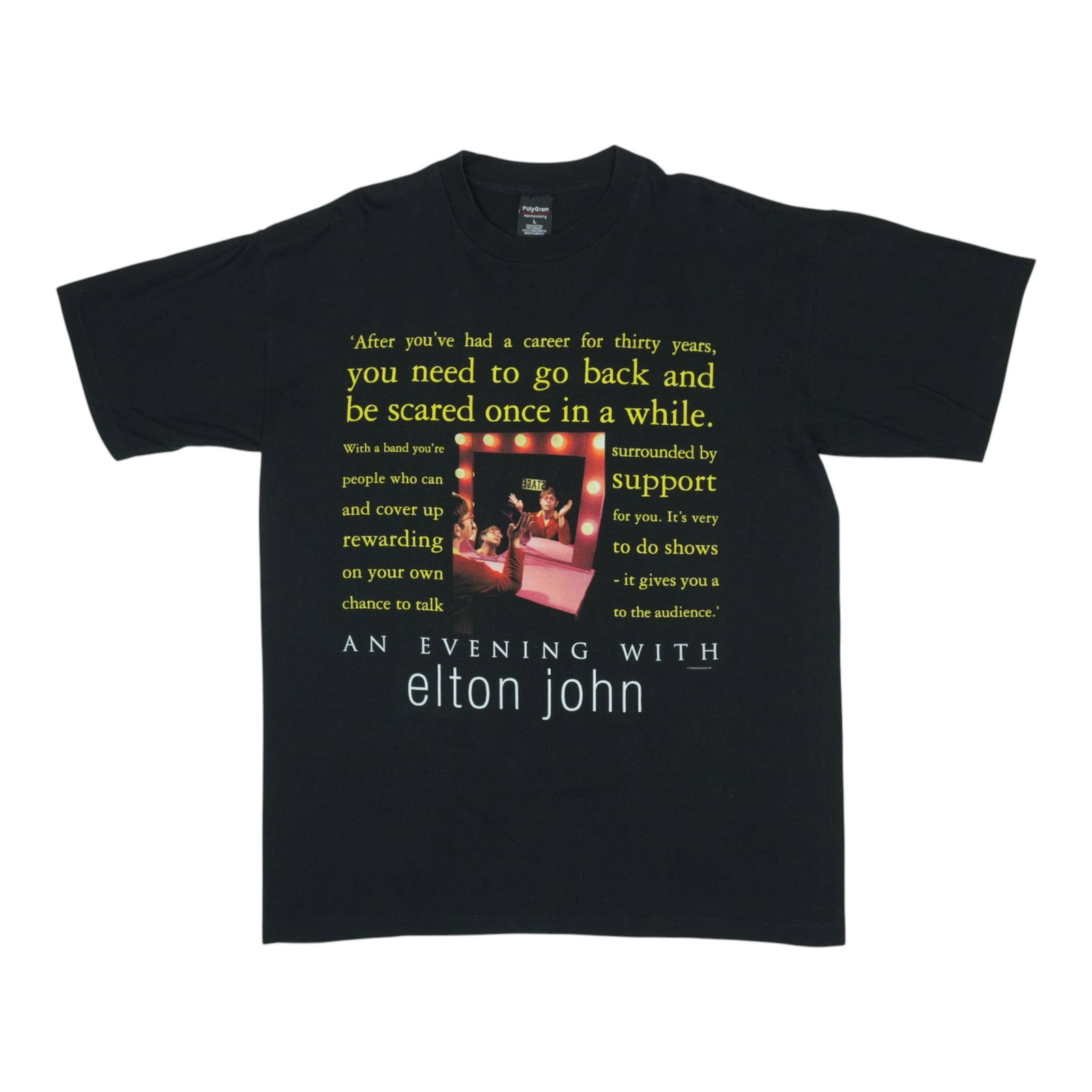 Vintage 1999 Elton John Concert Tour Black Cotton T-Shirt Size Large: Vintage 1999 Elton John Concert Tour Black Cotton T-Shirt Size Large This is an original vintage 1999 Elton John Big Picture Tour shirt featuring graphics on both the front and back. The shirt is made