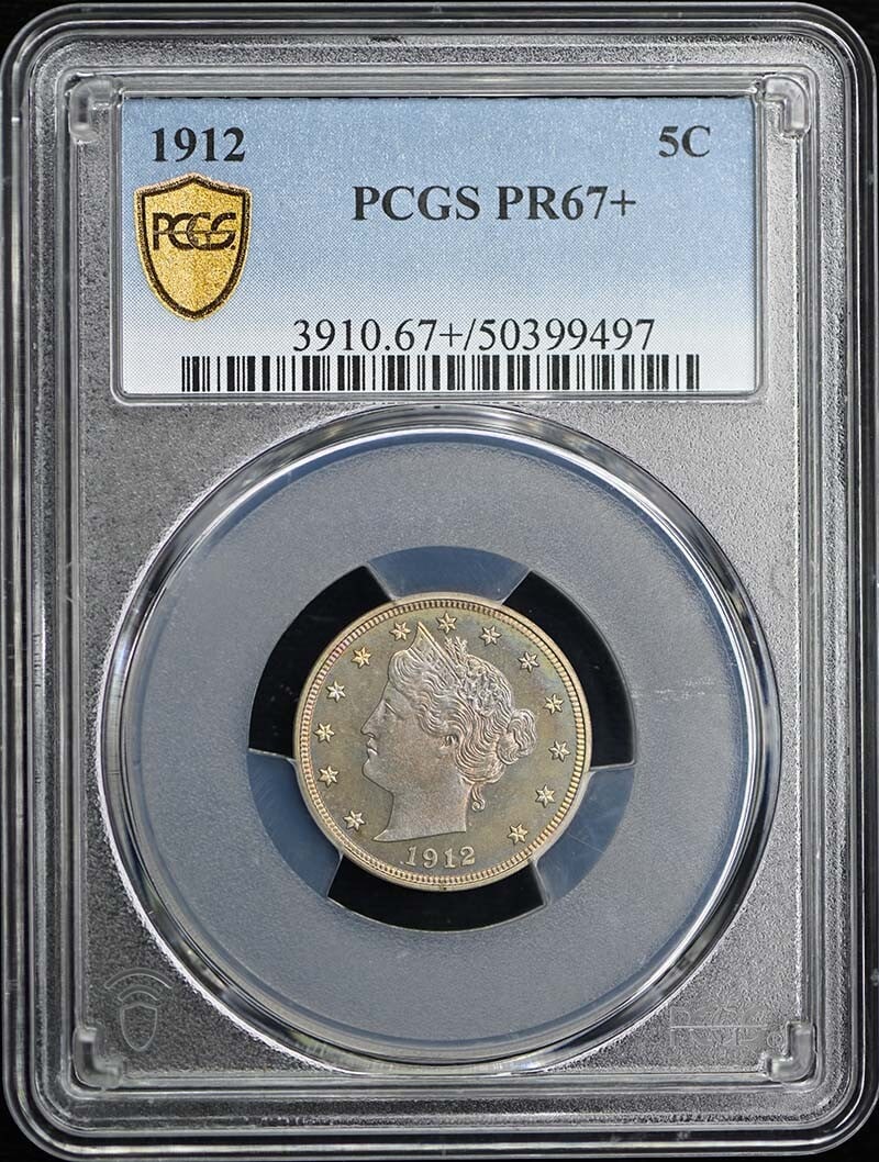 1912 Liberty Nickel PCGS PR67+ Uncirculated Proof Coin: 1912 Liberty Nickel PCGS PR67+ Uncirculated Proof Coin This 1912 5C Liberty Nickel is a remarkable example of numismatic artistry, graded PR67+ by PCGS, ensuring its high quality and exceptional detai