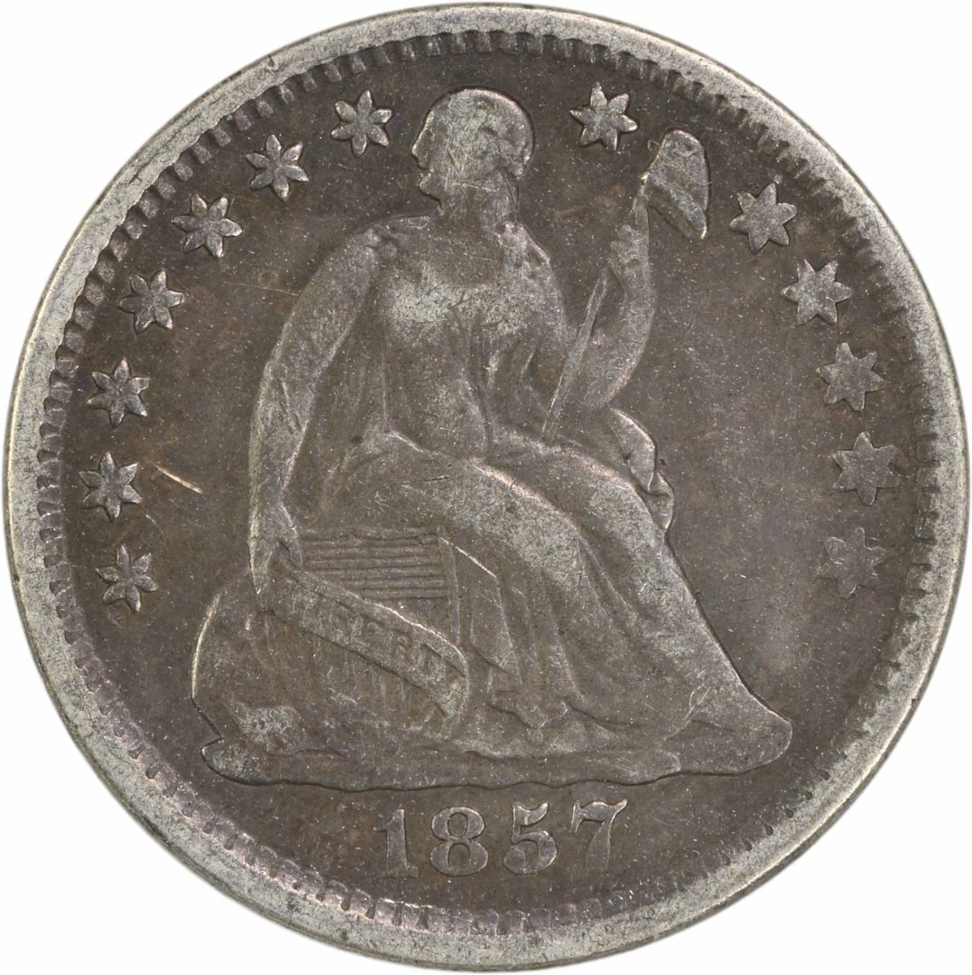 1857 Liberty Seated Half Dime Silver Uncertified EF: 1857 Liberty Seated Half Dime Silver Uncertified EF This 1857 Liberty Seated Silver Half Dime is a remarkable collectible from the United States, showcasing the artistry of designer Christian Gobrecht