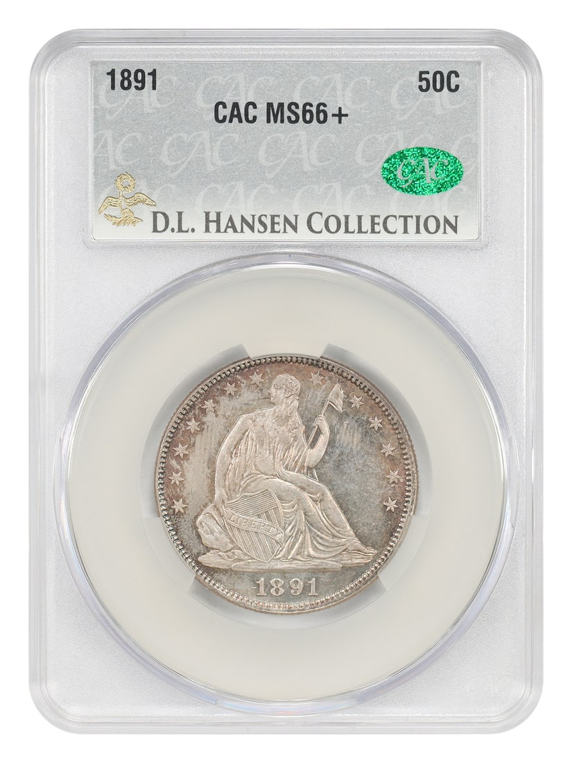 CACG MS66+ 1891 Liberty Seated Half Dollar 50C ex D.L. Hansen: CACG MS66+ 1891 Liberty Seated Half Dollar 50C ex D.L. Hansen 1891 Liberty Seated Half Dollar graded CACG MS66+ and pedigreed ex: D.L. Hansen. This uncirculated Philadelphia issue had a mintage of 200