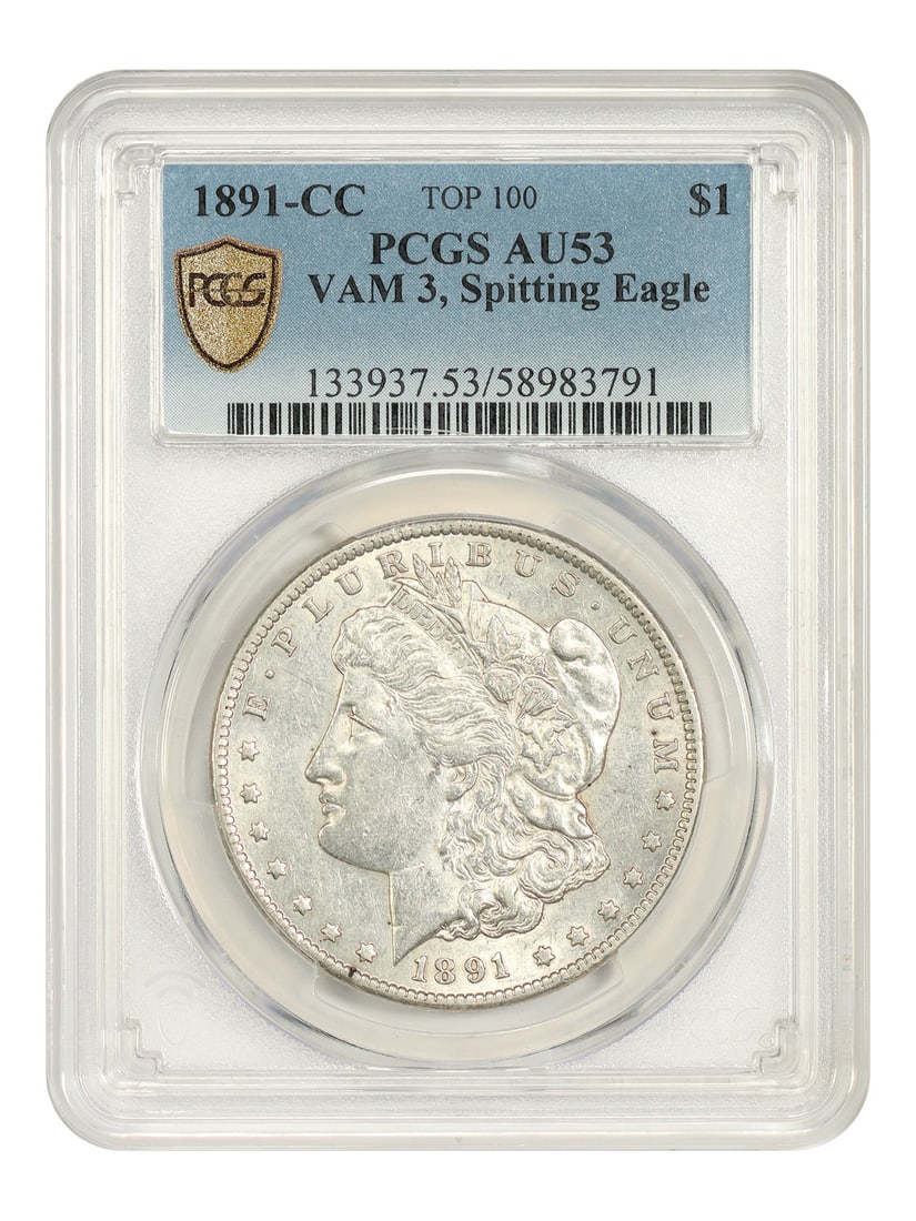 1891 Carson City Morgan Dollar PCGS AU53 VAM 3 Spitting Eagle: 1891 Carson City Morgan Dollar PCGS AU53 VAM 3 Spitting Eagle 1891-CC Morgan Dollar certified by PCGS as AU53. This circulated, pre-owned coin is identified as VAM 3, also known as the Spitting Eagle 