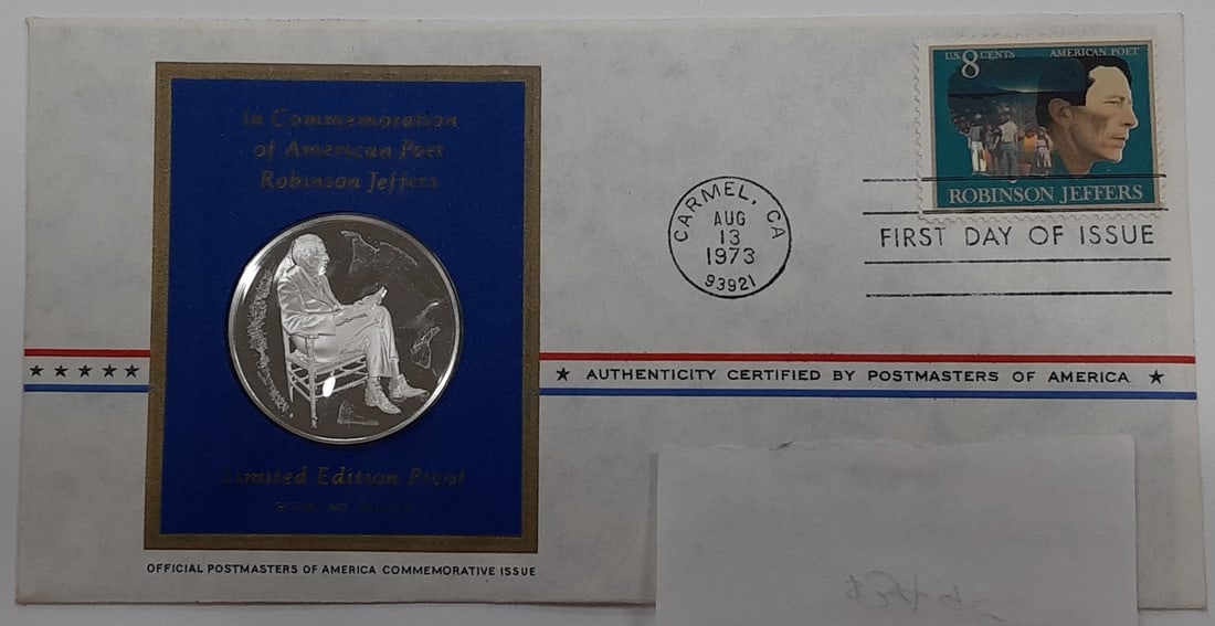 1973 Sterling Silver Robinson Jeffers Proof Medal Limited Edition: 1973 Sterling Silver Robinson Jeffers Proof Medal Limited Edition This limited edition commemorative medal honors American poet Robinson Jeffers. Issued by the Franklin Mint in 1973 for the Postmaster