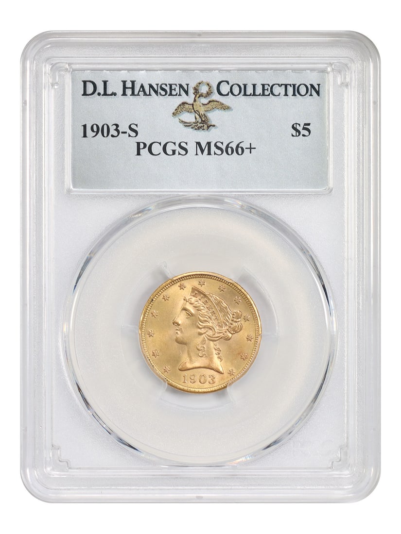 1903-S Liberty Head Half Eagle $5 PCGS MS66+: 1903-S Liberty Head Half Eagle $5 PCGS MS66+ 1903-S Liberty Head $5 gold coin graded PCGS MS66+ and offered in uncirculated, pre-owned condition. This superb original gem is noted in the original desc