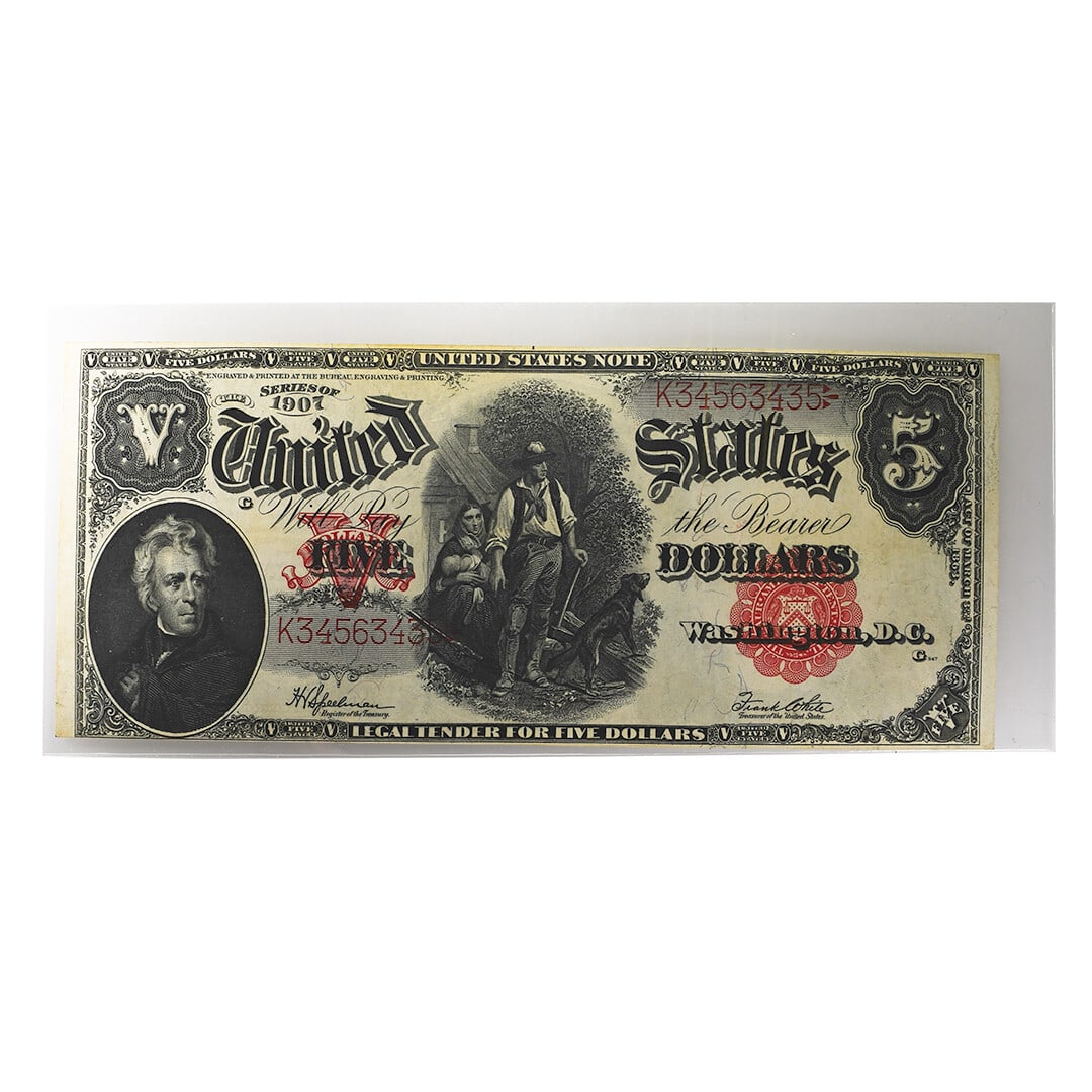 1907 United States $5 Legal Tender Note FR.91: 1907 United States $5 Legal Tender Note FR.91 This is a 1907 $5 Legal Tender Note from the United States, featuring serial number K34563435 and catalog reference FR.91. The note displays a portrait of
