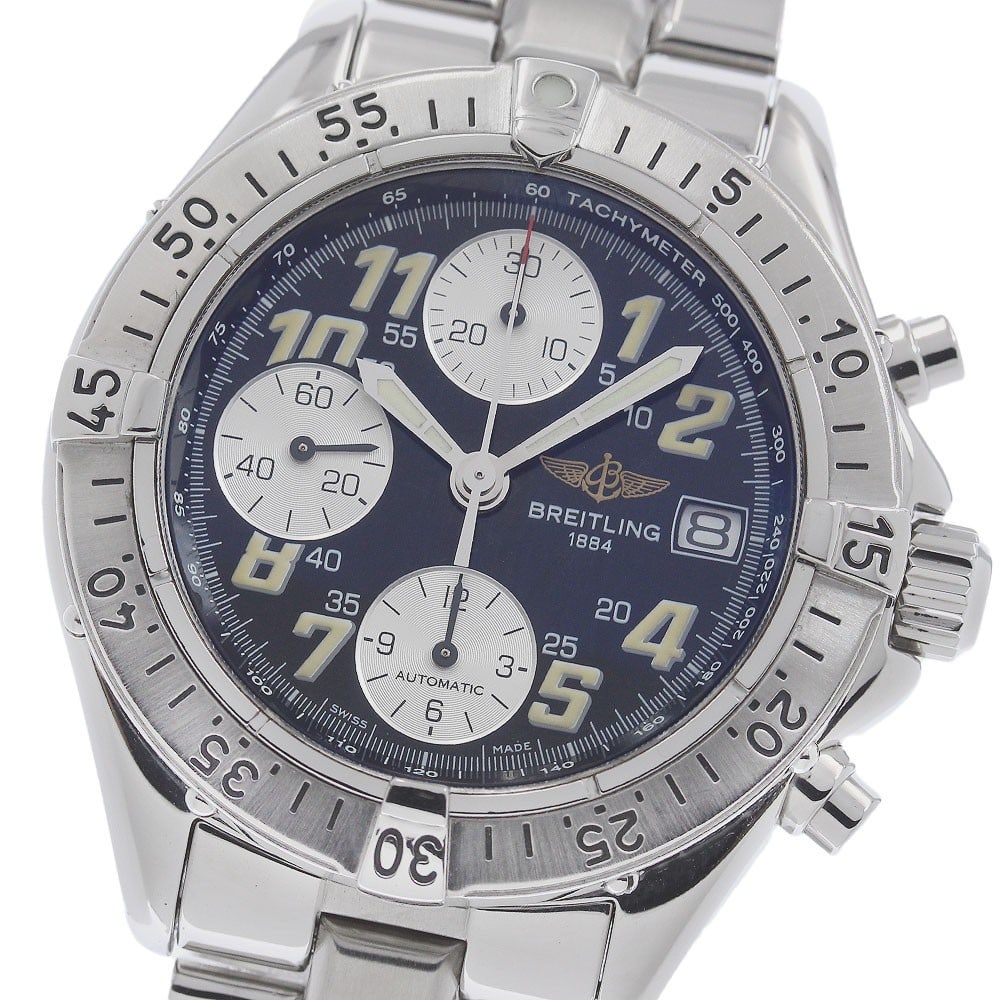 Breitling Colt A13335 Mens Automatic Chronograph Wristwatch: Breitling Colt A13335 Mens Automatic Chronograph Wristwatch Pre-owned Breitling Colt chronograph automatic men's wristwatch with a blue and silver dial, stainless steel case and bracelet, and date, ch