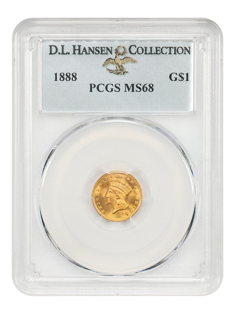 1888 Gold Dollar PCGS MS68 ex D.L. Hansen: 1888 Gold Dollar PCGS MS68 ex D.L. Hansen 1888 Gold Dollar certified by PCGS as MS68 and offered ex: D.L. Hansen. A lofty mintage of 15,501 coins was produced for the year. This uncirculated example i
