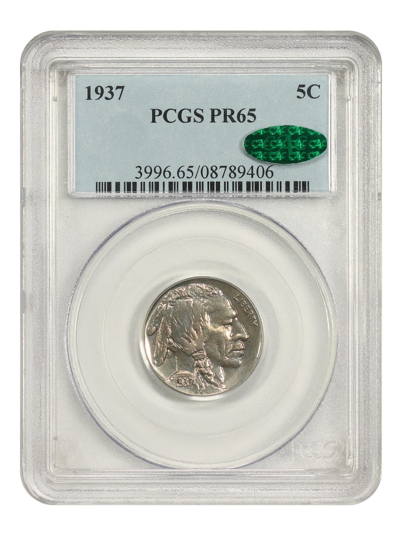 Buffalo Nickel 1937 5C PCGS CAC PR65 Proof: Buffalo Nickel 1937 5C PCGS CAC PR65 Proof 1937 Buffalo Nickel certified by PCGS and CAC in PR65 grade. This proof issue is described as the most affordable of the proof Buffalo nickel issues, with a 