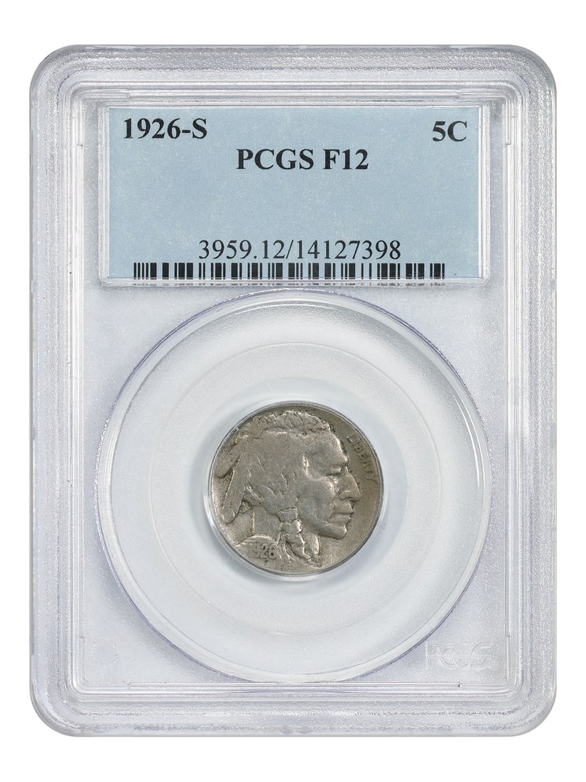 PCGS Fine 12 1926 S Buffalo Nickel 5C Key Date: PCGS Fine 12 1926 S Buffalo Nickel 5C Key Date Popular key date 1926-S Buffalo Nickel certified by PCGS in Fine 12. This circulated, pre-owned coin is a sought-after issue for Buffalo Nickel collector
