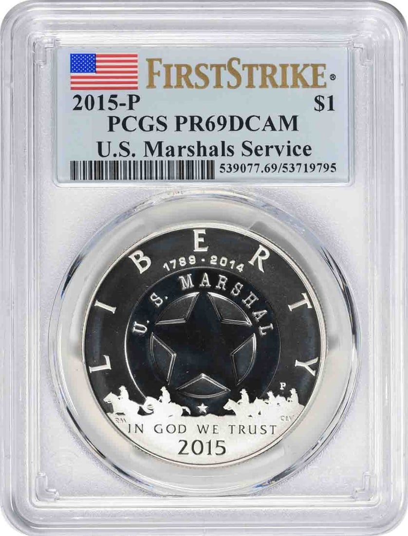 PCGS PR69DCAM First Strike 2015 P U.S. Marshals proof silver dollar: PCGS PR69DCAM First Strike 2015 P U.S. Marshals proof silver dollar 2015-P U.S. Marshals Service commemorative silver dollar graded PR69DCAM First Strike by PCGS. This proof issue is an uncirculated c