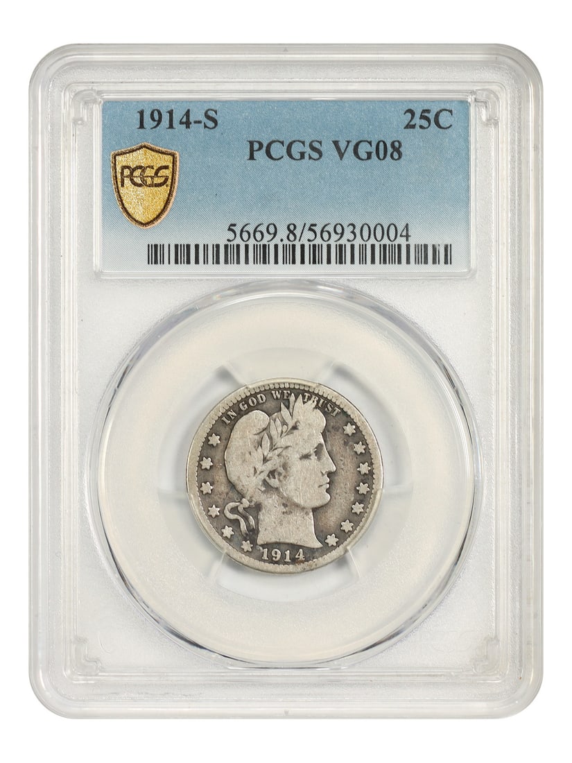 PCGS VG08 1914 S Barber Quarter 25C San Francisco Mint: PCGS VG08 1914 S Barber Quarter 25C San Francisco Mint Scarce date 1914 Barber Quarter certified by PCGS and graded VG08. This circulated, pre-owned coin is identified as a 25C issue from the San Fran