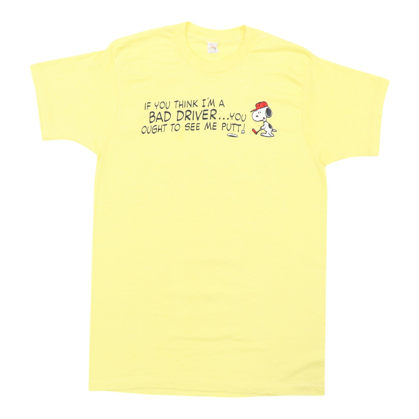 Vintage 1970s Yellow Snoopy Golfing Poly Cotton T Shirt (1 of 4)
