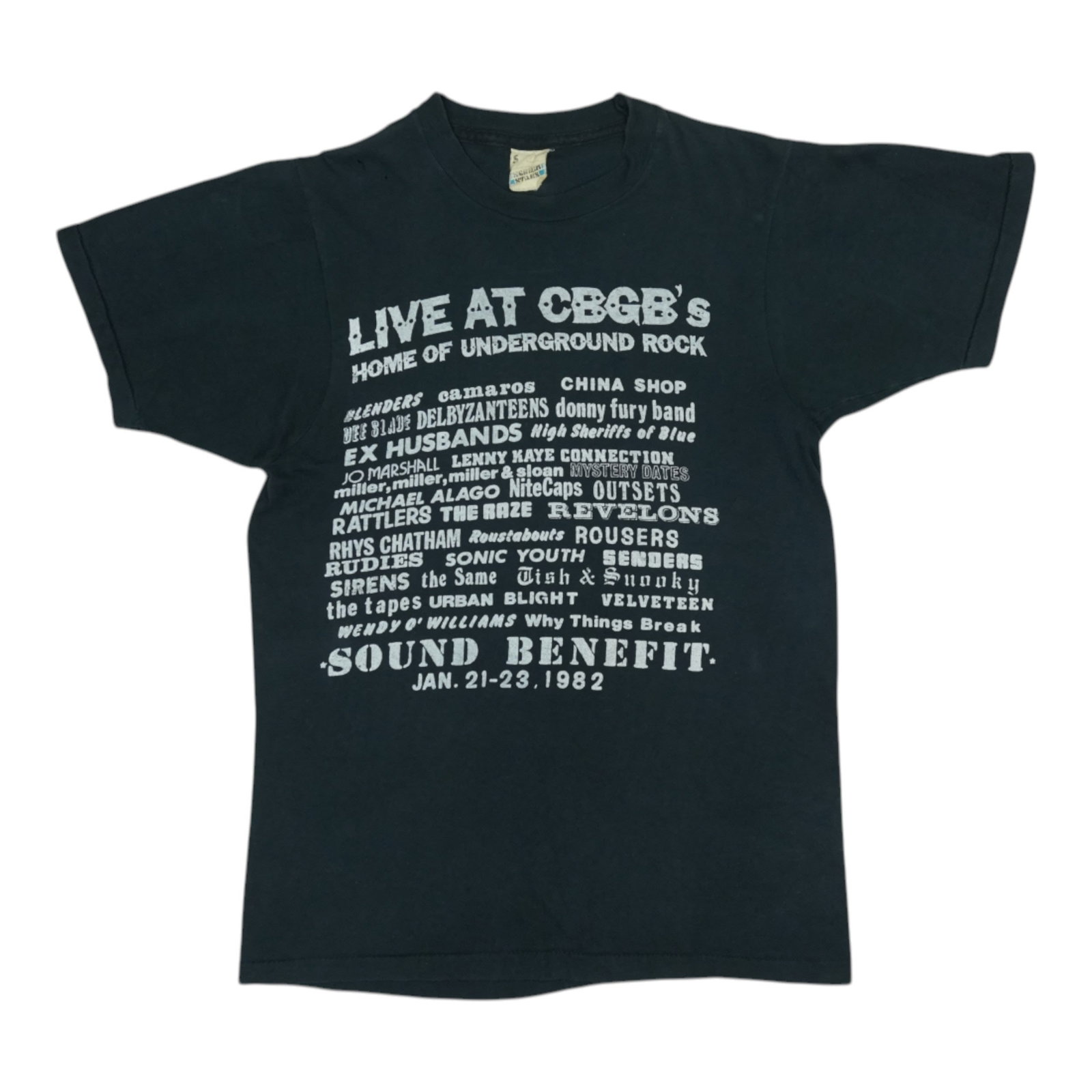Vintage 1982 CBGB Sound Benefit Concert Black Cotton T-Shirt: Vintage 1982 CBGB Sound Benefit Concert Black Cotton T-Shirt This is an original vintage 1982 CBGB Sound Benefit Concert shirt. It is an authentic period piece from the 1980s, made from 100% cotton in