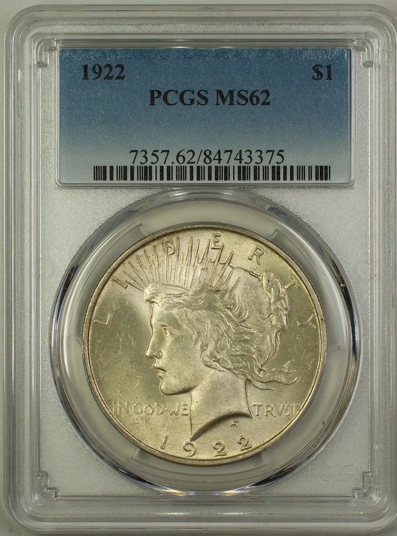 PCGS MS62 1922 Peace Dollar Silver $1: PCGS MS62 1922 Peace Dollar Silver $1 This 1922 Silver Peace Dollar is an uncirculated coin graded MS-62 by PCGS. Minted in Philadelphia, it features the classic Peace Dollar design and is composed of