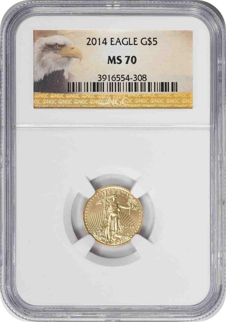 NGC MS70 2014 $5 Gold American Eagle Coin: NGC MS70 2014 $5 Gold American Eagle Coin 2014 $5 American Gold Eagle coin certified by NGC and graded MS70. Issued by the U.S. Mint, this gold coin is a pre-owned example from the United States. Spec