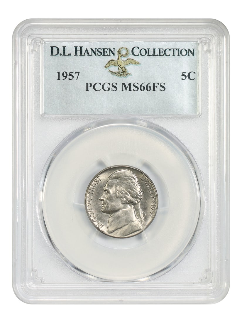PCGS MS66FS 1957 Jefferson Nickel ex D.L. Hansen: PCGS MS66FS 1957 Jefferson Nickel ex D.L. Hansen Highly lustrous 1957 Jefferson Nickel graded PCGS MS66FS and pedigreed ex: D.L. Hansen. This uncirculated example is described as a terrific and still 