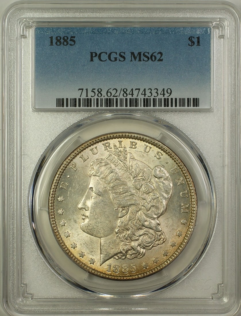 PCGS MS62 1885 Morgan Dollar Silver Coin: PCGS MS62 1885 Morgan Dollar Silver Coin This 1885 Morgan Silver Dollar is an uncirculated coin from the United States, minted in Philadelphia. Graded MS-62 by PCGS, it features attractive toning and 