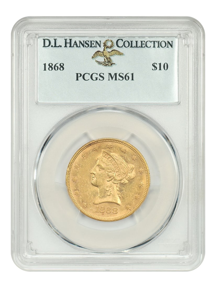 1868 Liberty Head $10 Gold Coin PCGS MS61 Rare Uncirculated: 1868 Liberty Head $10 Gold Coin PCGS MS61 Rare Uncirculated This 1868 Liberty Head $10 gold coin is a remarkable piece, certified by PCGS with a grade of MS61, indicating uncirculated condition. Origi