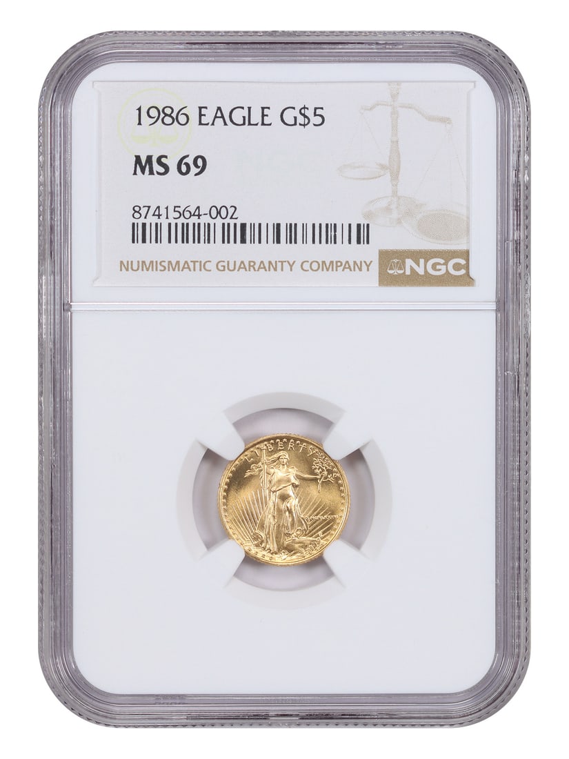 1986 NGC MS69 $5 Gold Eagle 1 10 oz Uncirculated Coin: 1986 NGC MS69 $5 Gold Eagle 1 10 oz Uncirculated Coin 1986 $5 Gold Eagle certified by NGC in MS69 grade. This uncirculated first-year issue contains 1/10 ounce of gold and is described as a near-perfe
