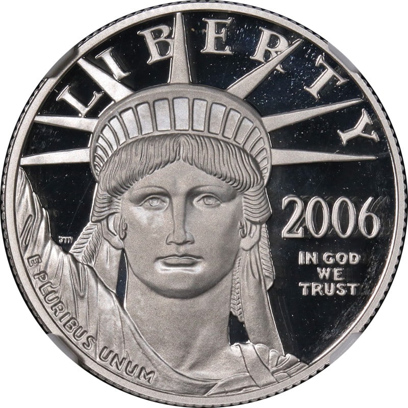 NGC PF70 Ultra Cameo 2006-W $50 Platinum Eagle Coin: NGC PF70 Ultra Cameo 2006-W $50 Platinum Eagle Coin This 2006-W Platinum American Eagle $50 coin is composed of 0.9995 fine platinum and was minted at the West Point Mint. Graded by NGC as PF70 Ultra 