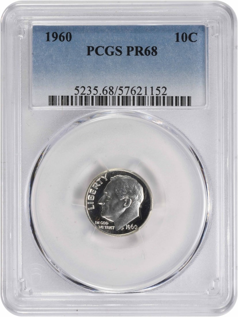 PCGS PR68 1960 Roosevelt silver proof dime: PCGS PR68 1960 Roosevelt silver proof dime This is a 1960 Roosevelt Silver Dime featuring a Doubled Die Reverse (DDR 3-R-II) variety. The coin is composed of silver, has a denomination of 10 cents, an