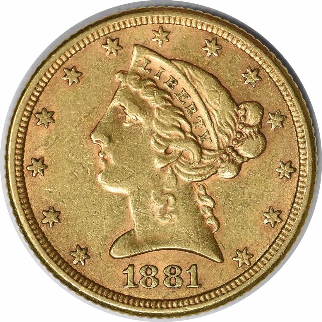 1881 Liberty Head $5 Gold Coin AU Uncertified: 1881 Liberty Head $5 Gold Coin AU Uncertified 1881 $5 Gold Liberty Head coin in AU grade. This uncertified United States coin is a circulated, pre-owned example from the pre-1933 period. Specification