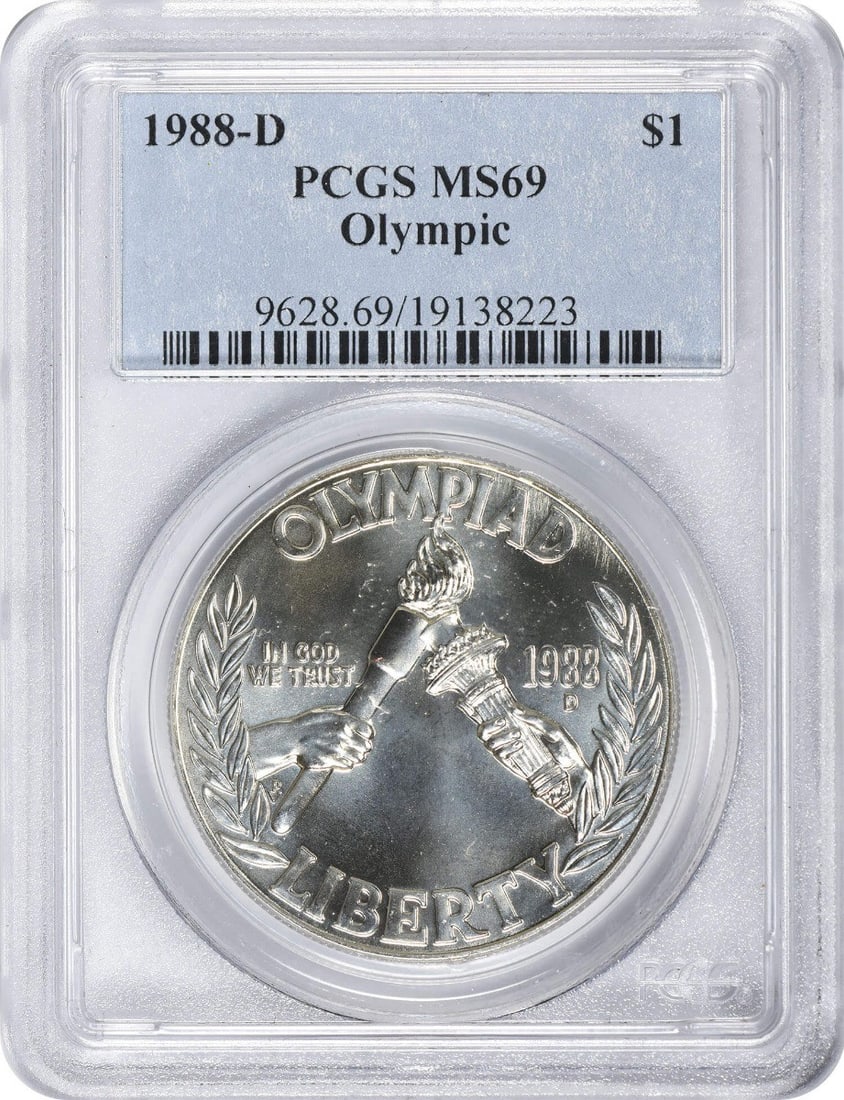 PCGS MS69 1988-D US Olympic Commemorative Silver Dollar: PCGS MS69 1988-D US Olympic Commemorative Silver Dollar 1988-D Olympic Silver Commemorative Dollar graded MS69 by PCGS. This uncirculated United States dollar coin is a silver commemorative issue with