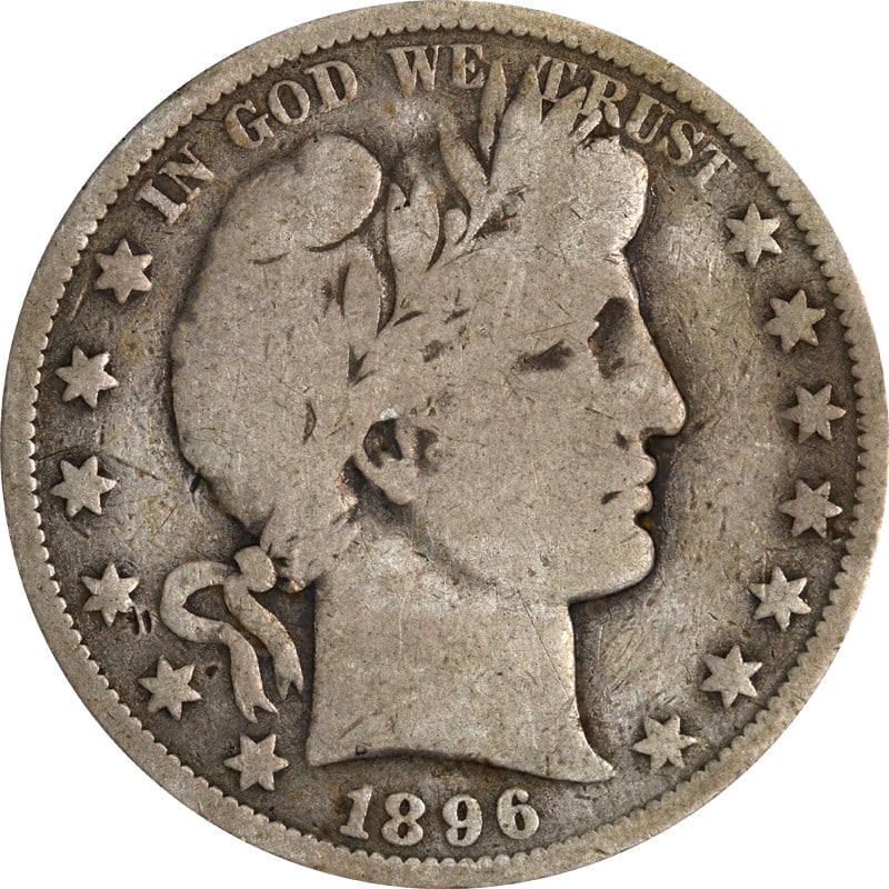 United States 1896 O Barber Silver Half Dollar Coin: United States 1896 O Barber Silver Half Dollar Coin 1896-O Barber Half Dollar coin from the United States. This pre-owned example is uncertified and circulated, with silver composition and 0.9 finenes