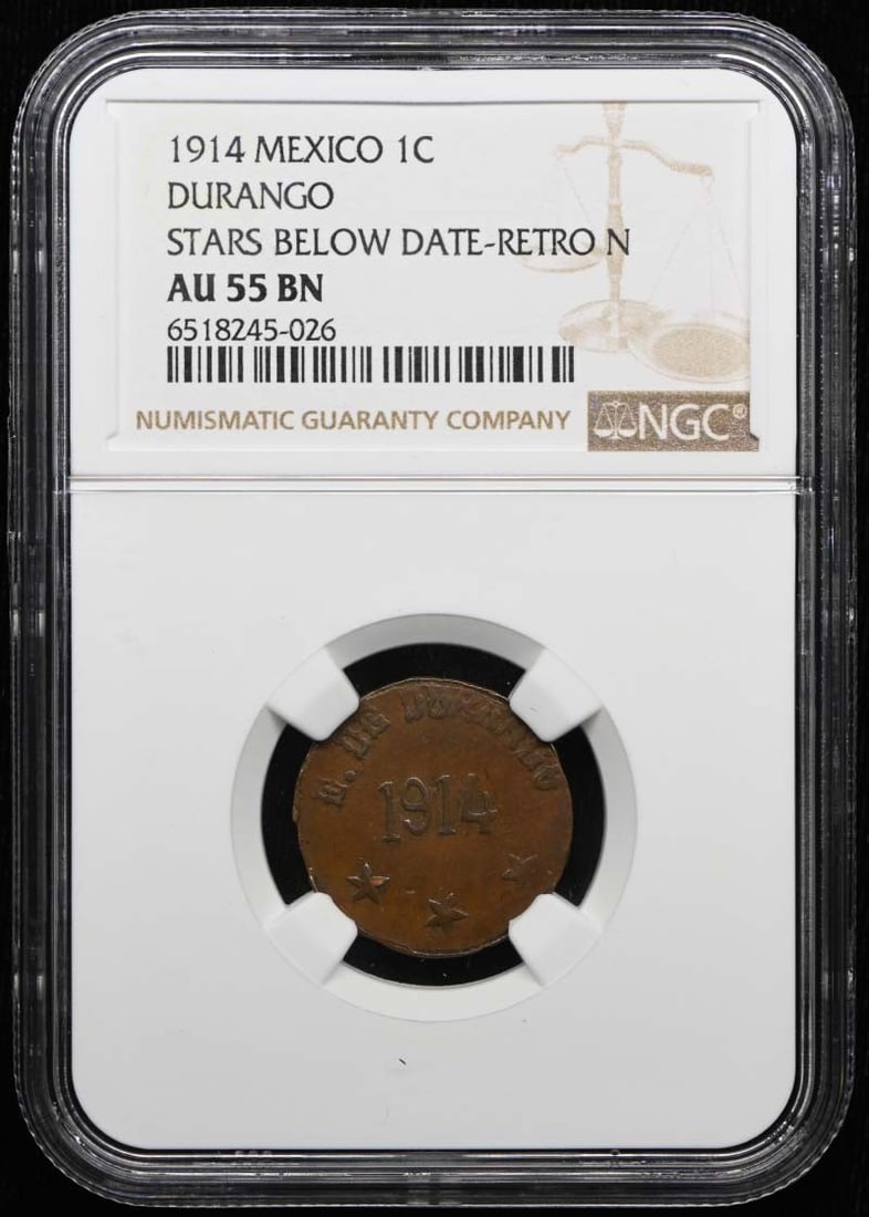 Mexico Durango 1914 1C Coin NGC AU55BN KM-627 GB-111: Mexico Durango 1914 1C Coin NGC AU55BN KM-627 GB-111 1914 Mexico Durango 1 centavo coin, certified by NGC and graded AU55BN. This pre-owned circulated coin is identified as KM-627 and GB-111. Specific
