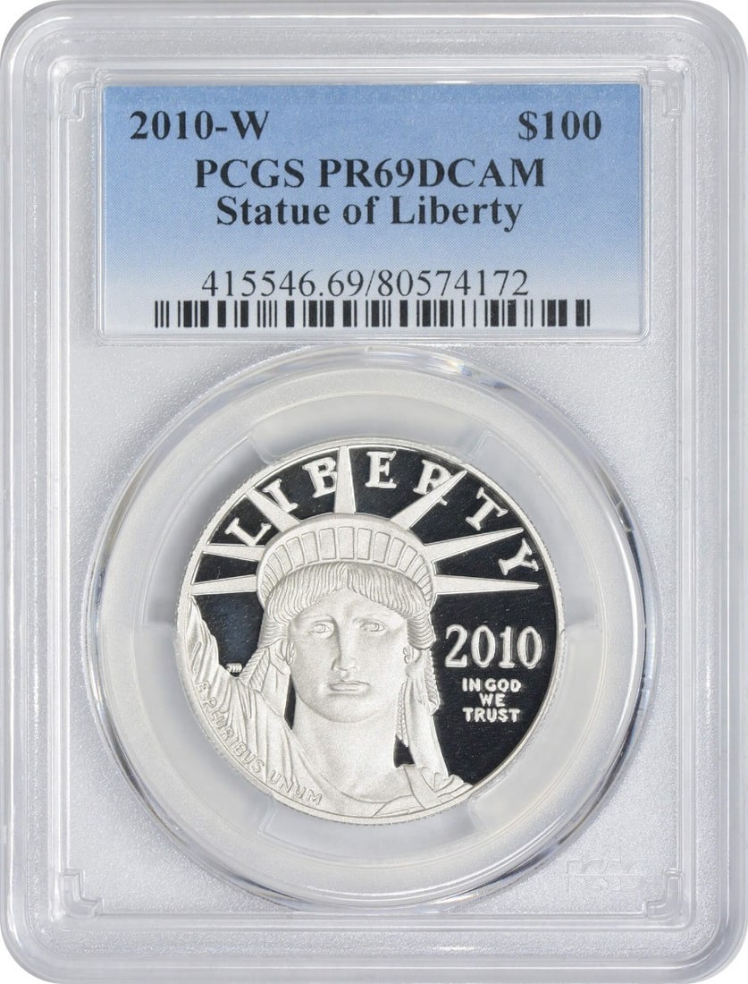 2010-W $100 American Platinum Eagle PR69DCAM Coin Statue of Liberty: 2010-W $100 American Platinum Eagle PR69DCAM Coin Statue of Liberty This 2010-W $100 American Platinum Eagle features stunning design elements, including the iconic Statue of Liberty, and is certified