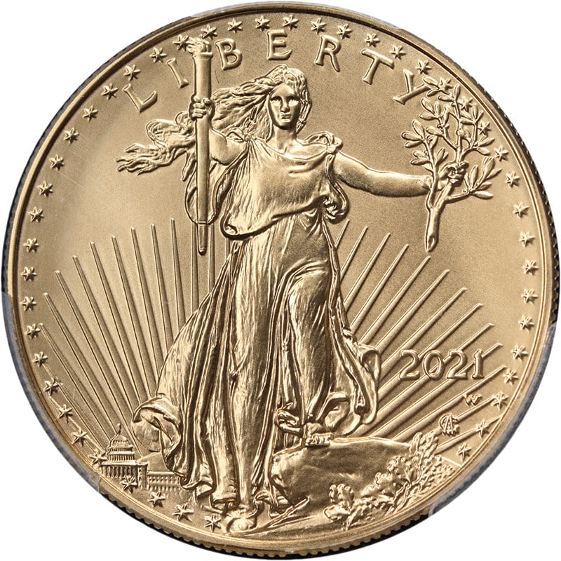 PCGS SP70 Burnished 2021-W $50 Gold Eagle Type 2 First Strike Coin: PCGS SP70 Burnished 2021-W $50 Gold Eagle Type 2 First Strike Coin This is a 2021-W Gold American Eagle $50 coin, featuring the Burnished T-2 Eagle Portrait design. Struck at the West Point Mint, this