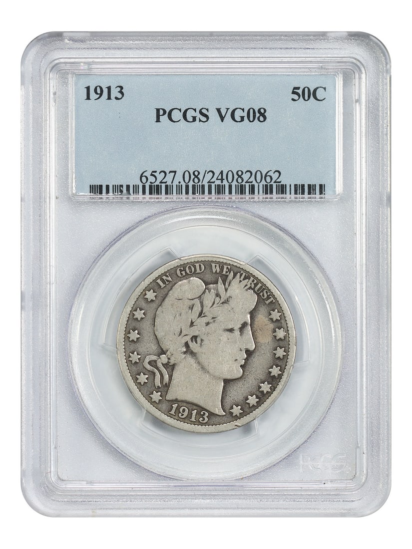 PCGS VG08 1913 Barber Half Dollar 50C Philadelphia Issue: PCGS VG08 1913 Barber Half Dollar 50C Philadelphia Issue 1913 Barber Half Dollar certified by PCGS in VG08 circulated condition. This scarce date issue had a low mintage of just 188,000 coins struck. 