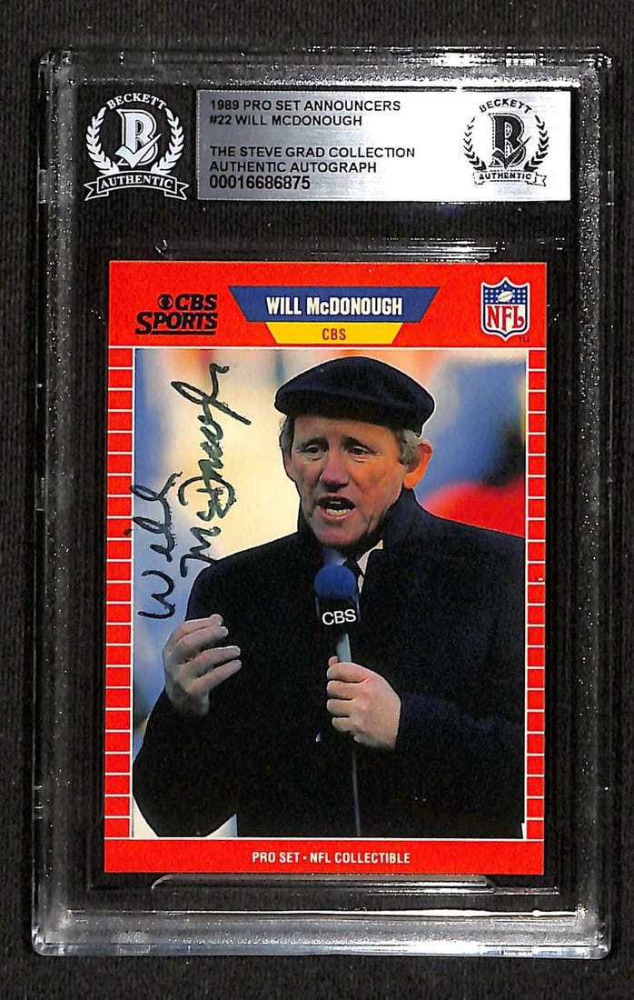Will McDonough Autographed 1989 Pro Set Announcers Card #22 Beckett Authenticated: Will McDonough Autographed 1989 Pro Set Announcers Card #22 Beckett Authenticated This is an original 1989 Pro Set Announcers #22 sports trading card, signed in black permanent marker by CBS Reporter 