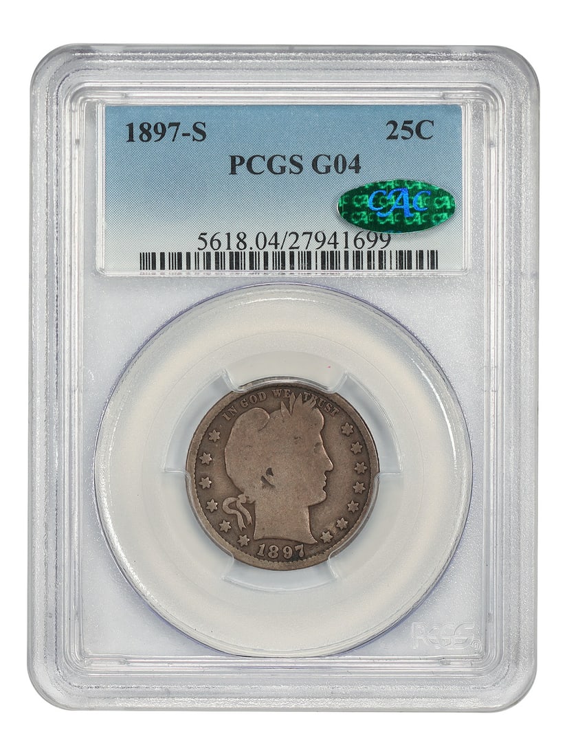 Barber Quarter 1897-S 25C PCGS CAC Good 04: Barber Quarter 1897-S 25C PCGS CAC Good 04 1897 Barber Quarter certified by PCGS and bearing a CAC designation. This circulated coin is graded Good 04 and is offered as a pre-owned example. Specificat