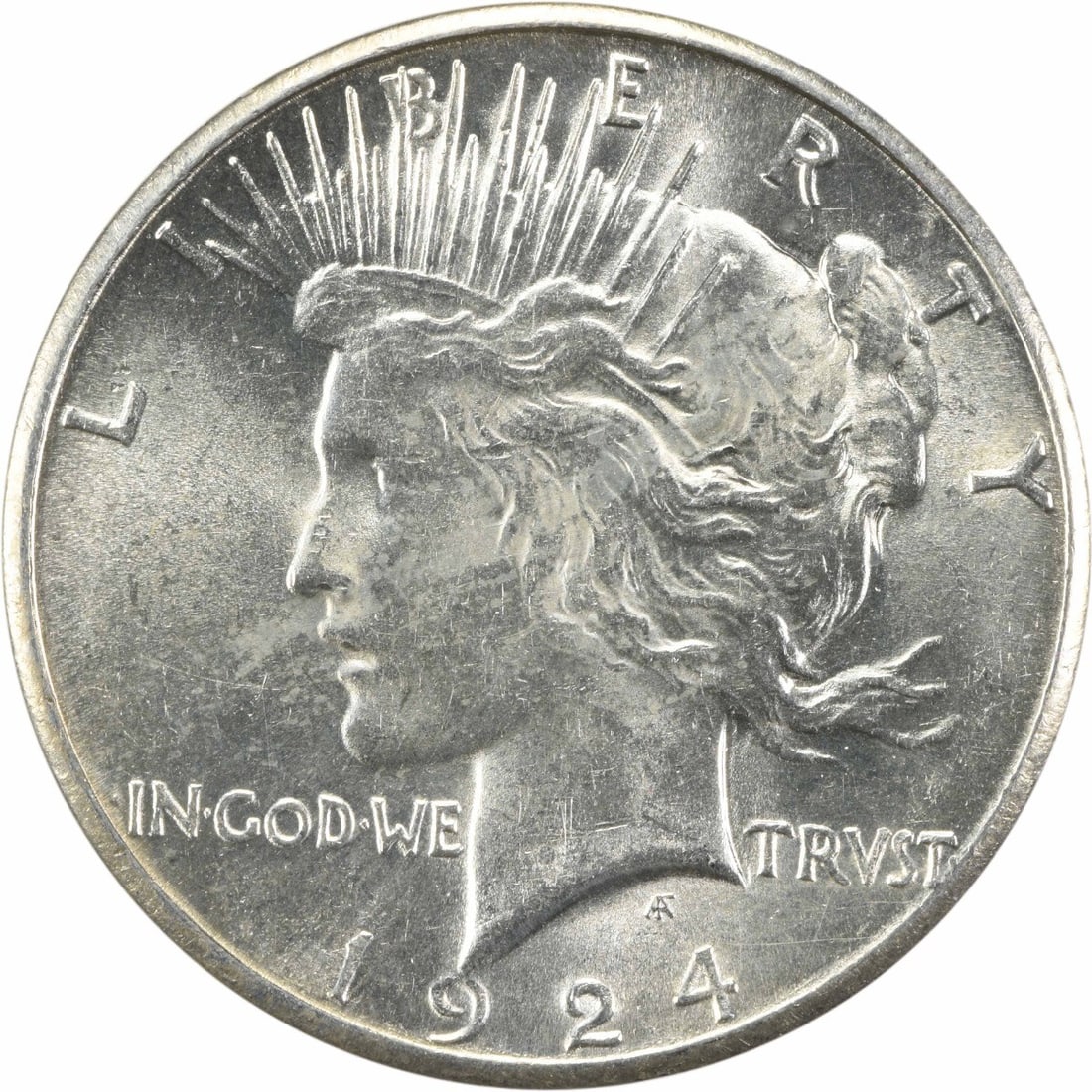 1924 S $1 Peace Dollar Silver Uncirculated MS63: 1924 S $1 Peace Dollar Silver Uncirculated MS63 1924-S Peace silver dollar offered in uncirculated, choice BU condition. This pre-owned United States $1 coin is composed of silver and is uncertified. 