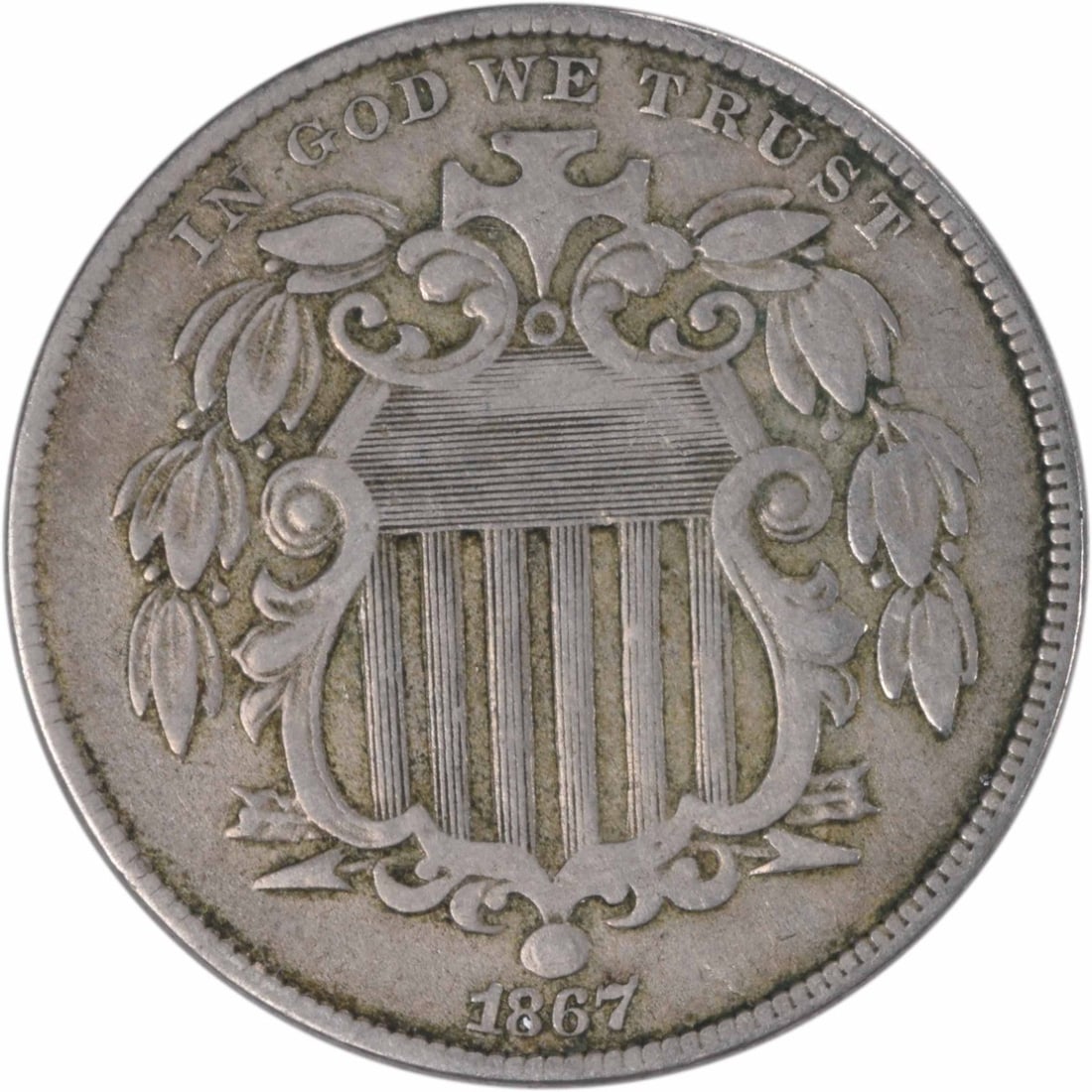 1867 5C Shield Nickel With Rays EF Uncertified: 1867 5C Shield Nickel With Rays EF Uncertified 1867 Shield nickel coin with rays design. This circulated, uncertified 5-cent piece is graded EF and features the Shield type designed by James Barton Lo