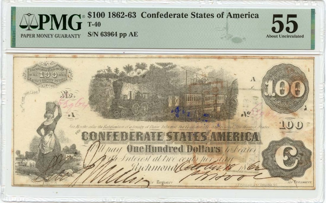PMG AU55 1862 T-40 100 Dollars Confederate States Note (1 of 2)