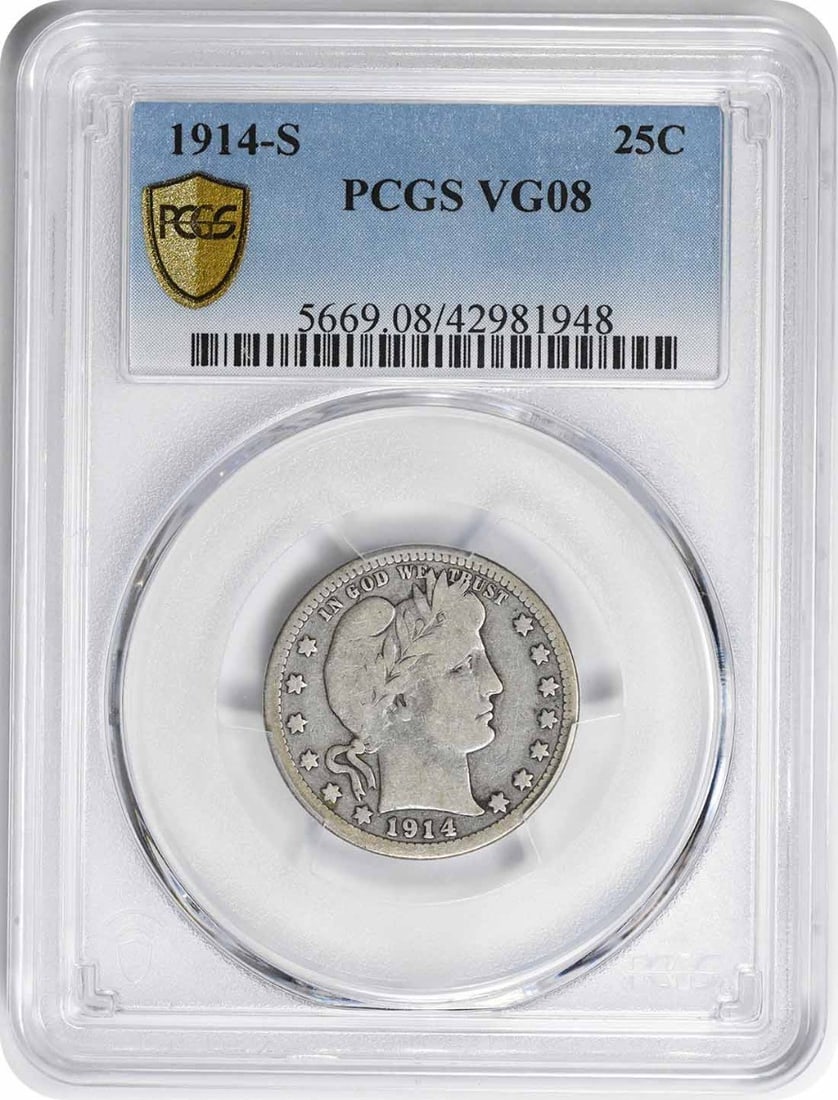 1914-S Barber Quarter VG08 PCGS 90% Silver San Francisco Mint: 1914-S Barber Quarter VG08 PCGS 90% Silver San Francisco Mint This 1914-S Barber Silver Quarter is a remarkable piece of numismatic history, certified by PCGS in a VG08 grade. Minted in San Francisco,