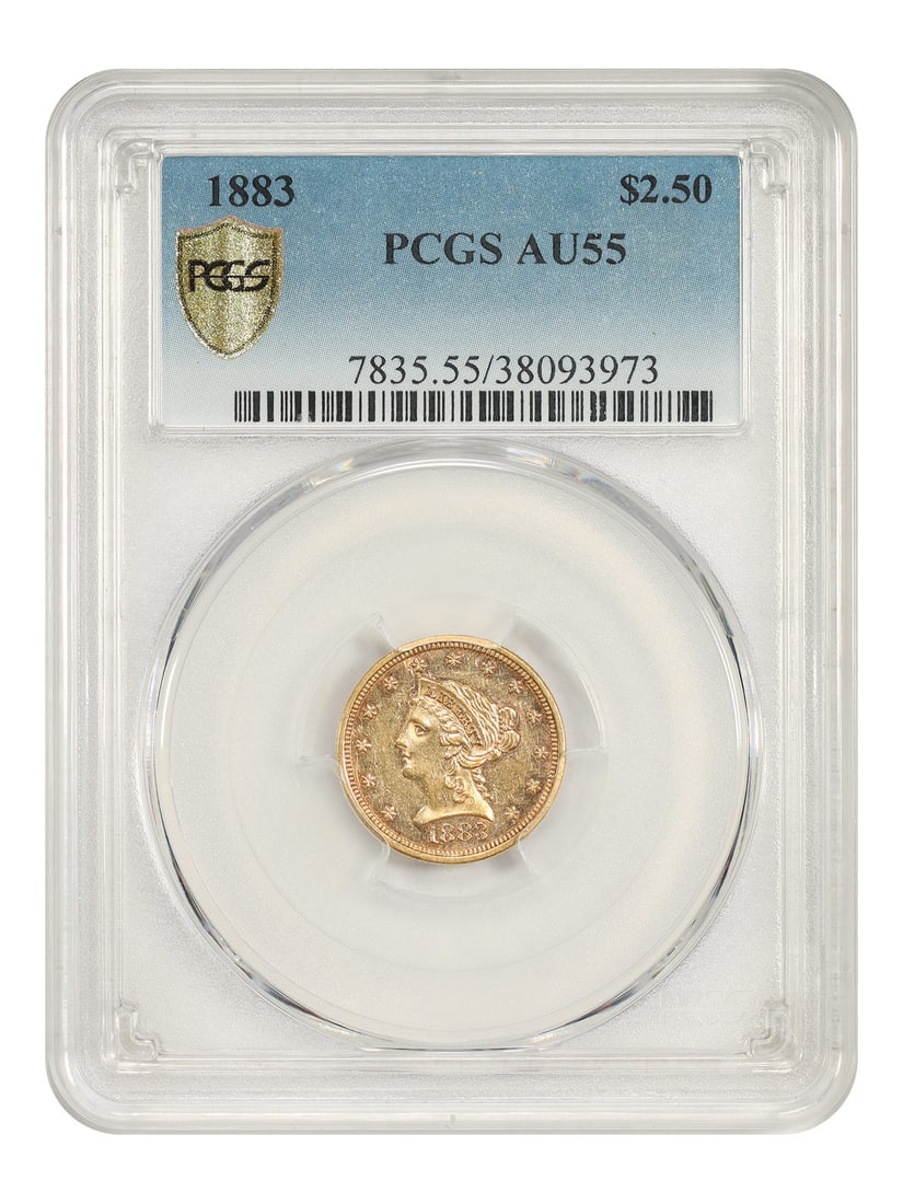 1883 Liberty Head Quarter Eagle PCGS AU55: 1883 Liberty Head Quarter Eagle PCGS AU55 1883 Liberty Head $2.50 gold coin certified by PCGS with an AU55 grade. The description notes a scant mintage of just 1,920 pieces and identifies this Philade