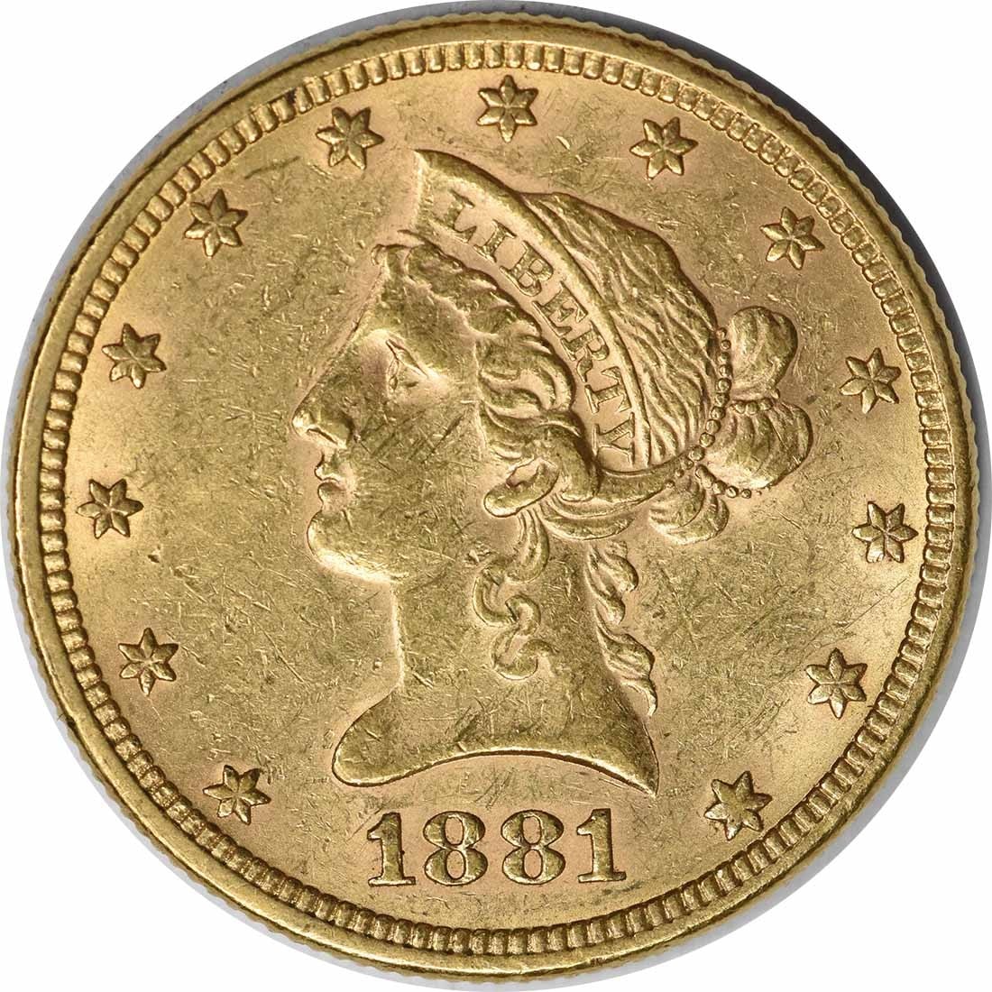 1881 Liberty Head $10 Gold Coin AU Uncertified Philadelphia: 1881 Liberty Head $10 Gold Coin AU Uncertified Philadelphia This 1881 $10 Gold Liberty Head coin was minted in Philadelphia and features the classic Liberty Head design by Christian Gobrecht. Composed