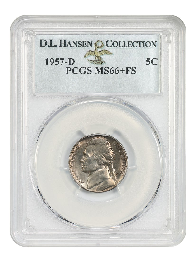 Jefferson Nickel 1957-D PCGS MS66+FS ex D.L. Hansen: Jefferson Nickel 1957-D PCGS MS66+FS ex D.L. Hansen 1957-D Jefferson Nickel certified by PCGS as MS66+FS and offered ex: D.L. Hansen. PCGS reports a population of 16 with only 4 finer. This uncirculat