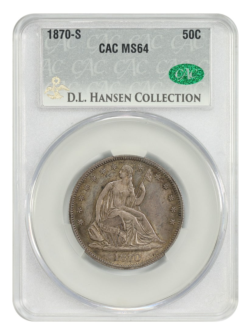 Liberty Seated Half Dollar 1870-S 50C CACG MS64 ex D.L. Hansen: Liberty Seated Half Dollar 1870-S 50C CACG MS64 ex D.L. Hansen 1870-S Liberty Seated Half Dollar certified by CACG in MS64 grade, ex: D.L. Hansen. The San Fran Mint cranked out a mintage just over 1 m